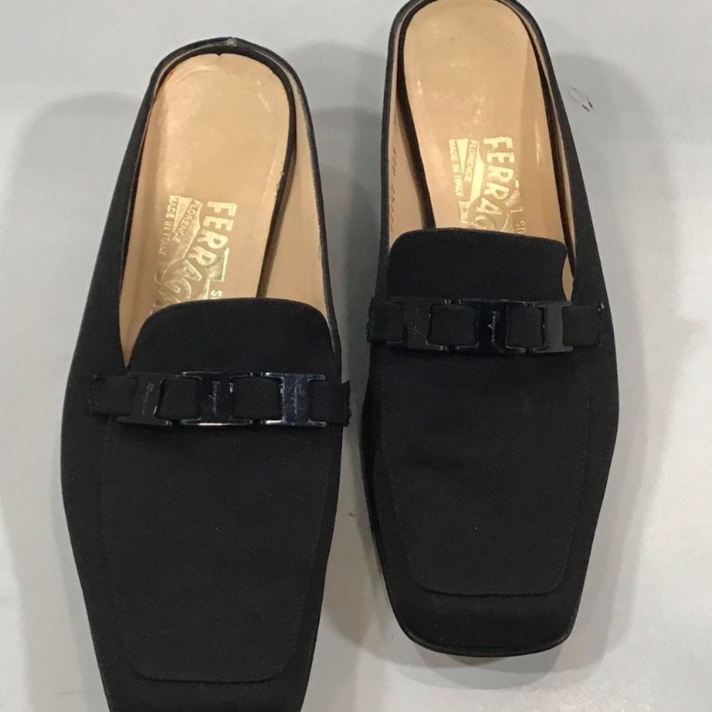 Women’s Salvatore Ferragamo Black Fabric Loafers Slide Mules Size 7.5B